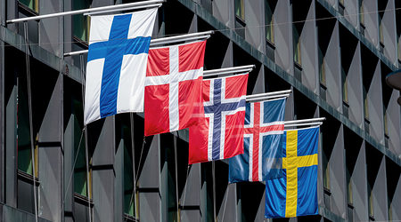 Five Nordic flags on flagpoles with EU flag. Denmark, Sweden, Norway, Finland, Iceland Schlagwort(e): flags, flagpoles, finland, background, nation, eu, iceland, international, scandinavia, banner, blue sky, business, co operation, collection, countries, culture, denmark, diplomacy, economy, european union, government, history, land, liberty, money, north, norway, official, political, sweden, together, unity, flag, country, national, abstract, art, blue, closeup, color, design, flying, illustration, mast, old, patriotism, pattern, sign, sky, space